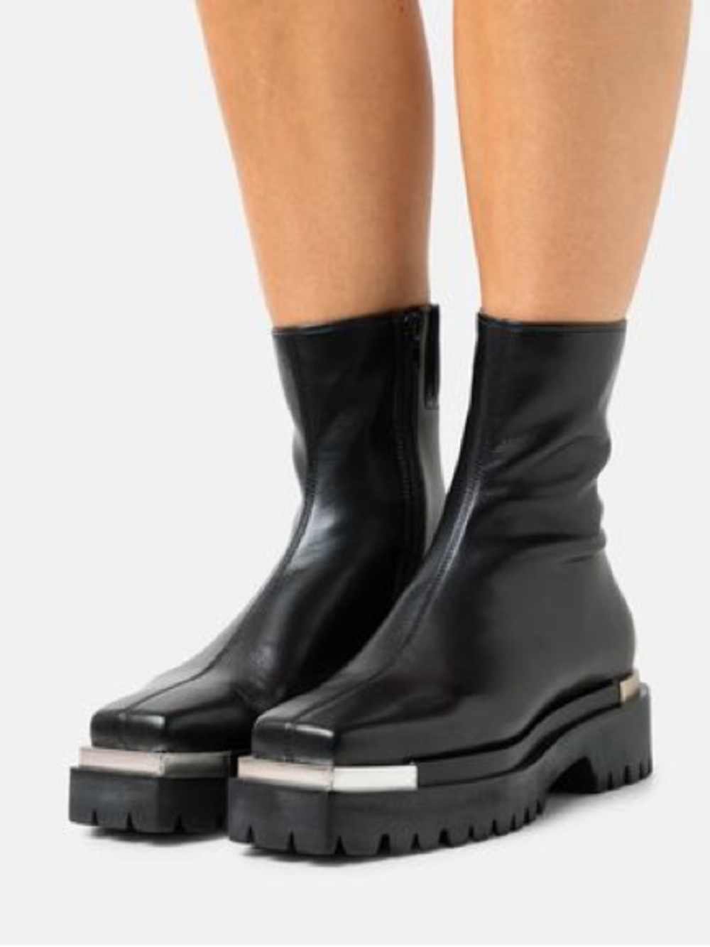 B2 “Devout” Black Leather Combat Boot Square Toe Silver Metal Tip Platform Boots